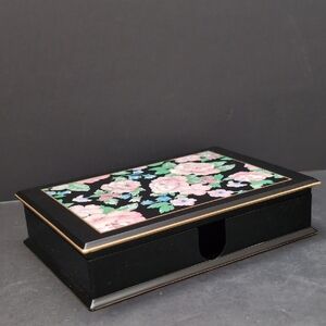 Otagiri Black Lacquered Jewelry/Trinket Box with Pink Florals.